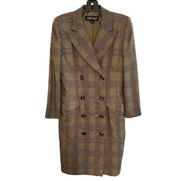 Linda Allard Ellen Tracy Brown Plaid Double Breasted Wool Blend Dress Sz 2 - Picture 1 of 6